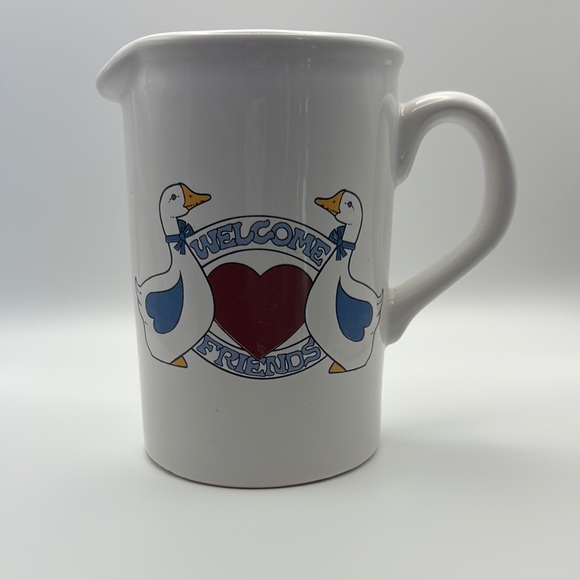Vintage Ceramic “Welcome Friends” Pitcher – Country Cottage Décor with Geese & H - Picture 1 of 7